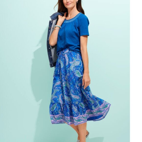 TALBOTS Tiered Midi Skirt Small Petite Blue Paisley Garden Cotton Boho NWT - Picture 1 of 11